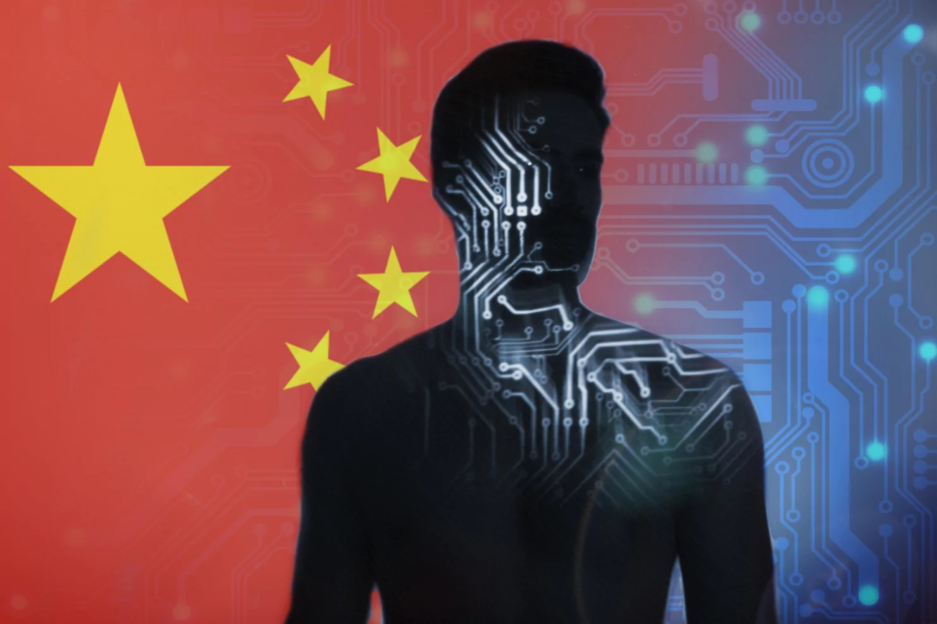  The image shows a silhouette of a person with a circuit board pattern overlaid on the torso in front of a Chinese flag.